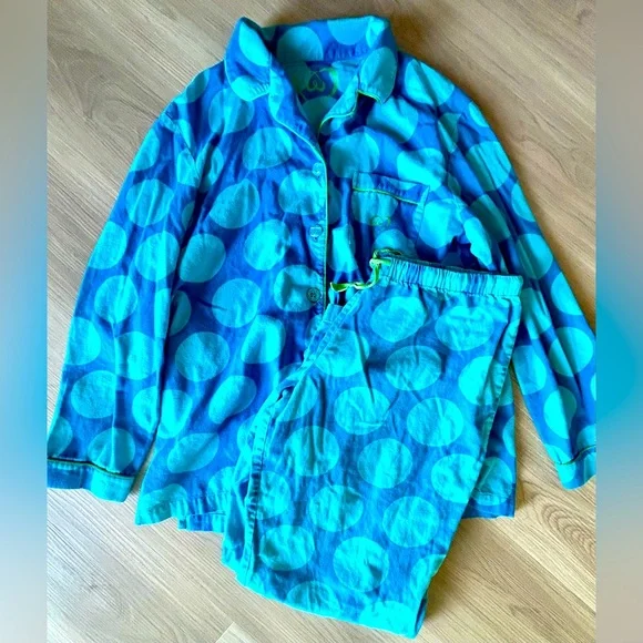 Victoria’s Secret Flannel Cotton Pajamas MED Vintage Blue/Lime Polka Dot- - Picture 1 of 10